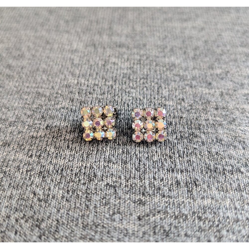 Vintage Square Rhinestone/Aurora Borealis Clip-on Earrings - Picture 2 of 4